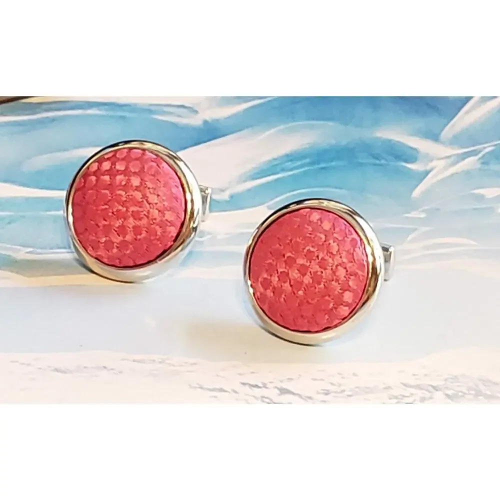 Pink Fabric Cuff Links Vintage‎ Silver Tone Formal Cuff Links cl-
